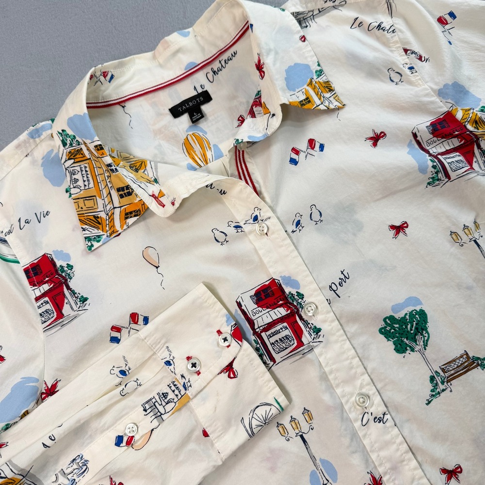 Talbots Womens White Button Down Sz L French Novelty C'est La Vie Whimsical - Picture 10 of 13